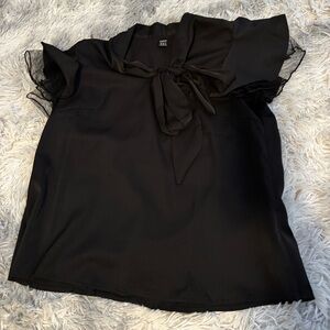 Elegant Black Blouse with Bow, Lace, & Ruffles